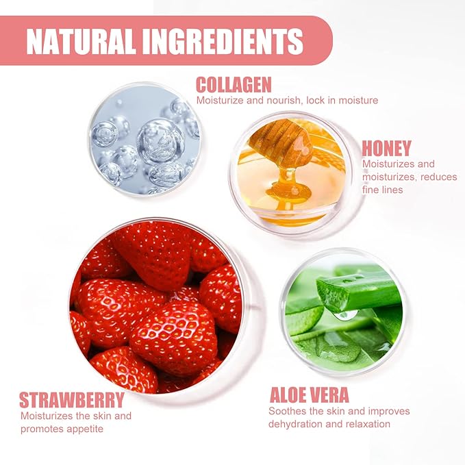 Lip Balm Honey Pot Propolis Lip Mask, Strawberry Honey Lip Sleep Mask Moisturizing Prevention Dry and Cracked Lip Scrubs Exfoliator, Reduces Lip Lines (2packs strawberry+2packs honey)