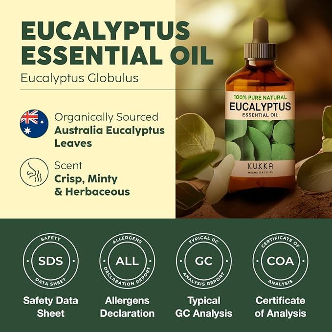 KUKKA essential oils 100% Pure & Natural Eucalyptus Essential Oil for Diffuser, Humidifier, Skin, Hair & Soap Making DIY(4 Fl Oz/118 ml)