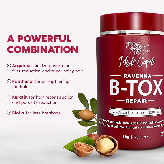 Ravenna B-tox Repair Kit - Treatment (1 Kg/35.2 Fl Oz) Formaldehyde-Free + Mask for Damaged Hair (1,5 Kg/ 52.9 fl oz) - Straightening, Intense Shine & Moisture for All Types