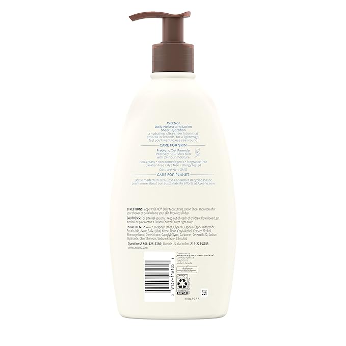 Aveeno Sheer Hydration Daily Moisturizing Fragrance-Free Lotion with Nourishing Prebiotic Oat, Fast-Absorbing Body Moisturizer for Dry Skin with Lightweight, Breathable Feel, 18 fl. oz (Pack of 2)
