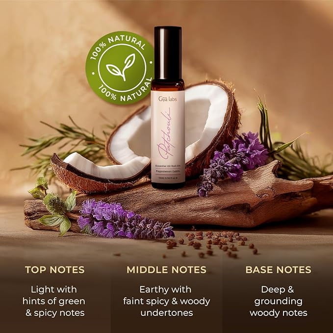 Gya Labs Patchouli Essential Oil Roll on for Skin - 100% Pure Natural Patchouli Perfume for Women, Soothing Aromatherapy Oil Roller, Alcohol Free, Travel Size (0.34 Fl Oz)