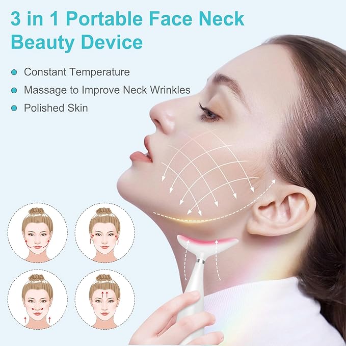 Neck Face Beauty Device, Skin Care Face Massager, 3 in 1 Facial Massage Tool with Heating & Vibration, White