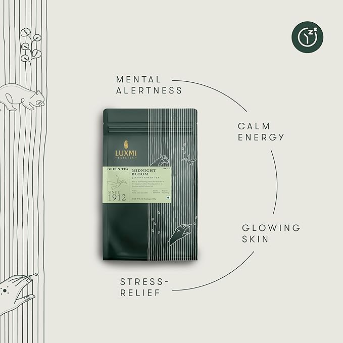 Luxmi Estates - Midnight Bloom - Organic Jasmine Tea - 50 Tea Bags | With Organic Jasmine Buds and Premium Darjeeling Green Tea | Natural Aid to Relieve Stress, Anxiety and Sleep Problems