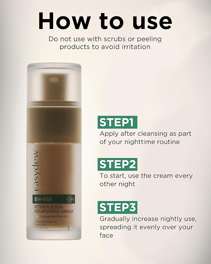 EASYDEW DW-EGF Peptide Retinol 0.03% Cream – Beginner Retinol Night Cream for Hypoallergenic Skin Care - Firm Skin, Wrinkle Improvement - Korean Daily Anti Aging Face & Neck Treatment, 1.01fl. oz.