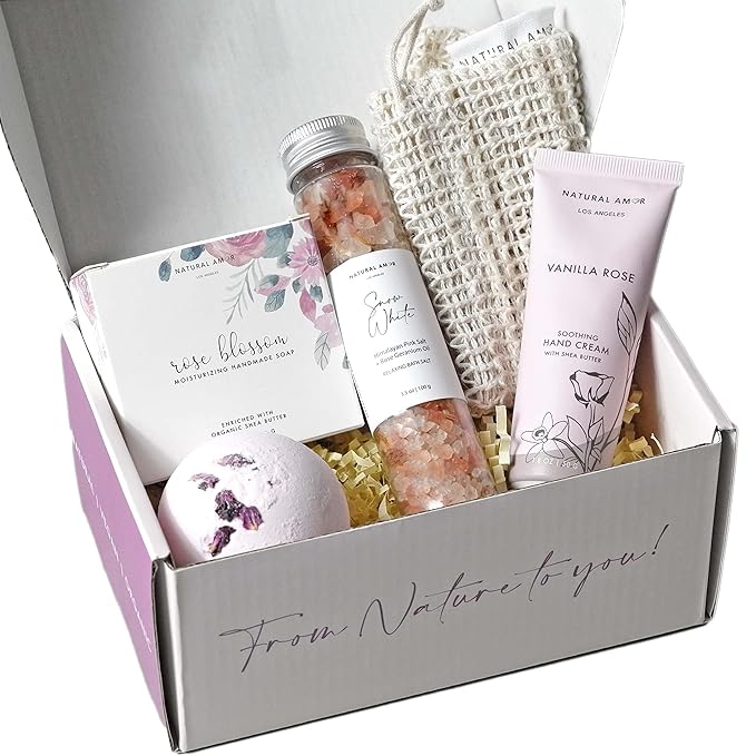 Rose Bath Spa Gift for Women,Handmade Spa gift for her, 5pc Bath & Body Gift Including Soap Bar, Hand Cream, Bath Salt, Soap Saver, Bath Bomb,Self Care Package by Natural Amor