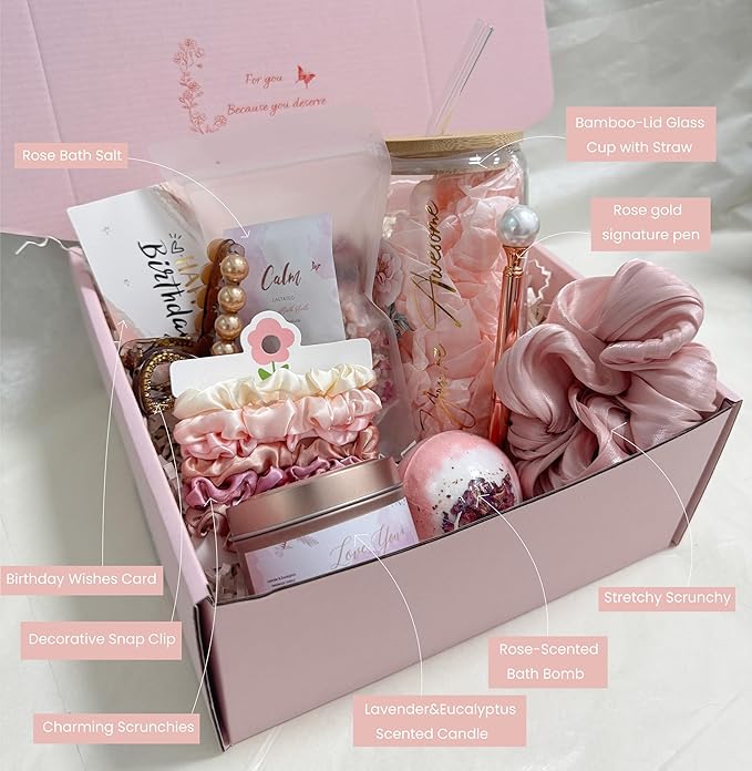 Birthday Gift Box for Women โ Rose Gold Pink Aesthetic Gifts for Her โ Self Care Relaxation Package for Wife, Girlfriend, Sister, Best Friend โ Unique Spa Gift Idea (gold)