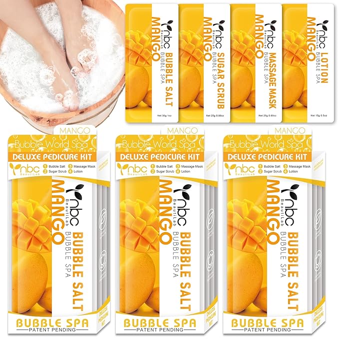 Pedicure Kit Foot Soak Set: Bubble Salt, Sugar Scrub, Massage Mask, Massage Lotion in a Box, 4 Step Foot Spa Kit for Dry Feet,Tired Feet(3 Set Mango)