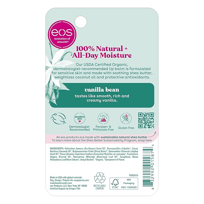 eos 100% Natural & Organic Lip Balm Stick- Vanilla Bean Sweet Mint | Dermatologist Recommended for Sensitive Skin | All-Day Moisture Lip Care Products