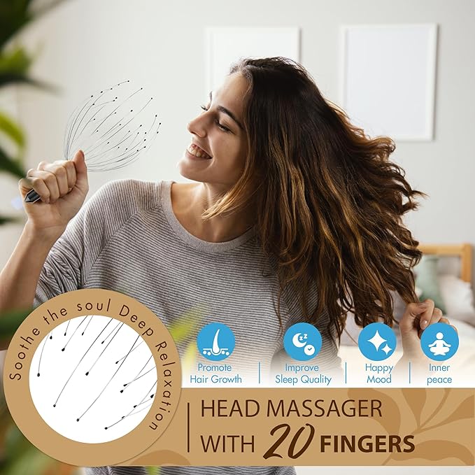 Head Massager 20 Fingers Scalp Massager Head Scratcher, Back Massage Back Scratcher, Stocking Stuffers for Scalp and Body Massage (Black)
