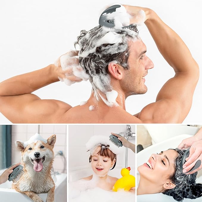 Hair Massager Scalp 3 in1 Scalp Scrubber Silicone Scalp Massager with Three Bristles-Soft, Scalp Scrubber,Medium and Hard Brush for Men Women and Pets,Grey