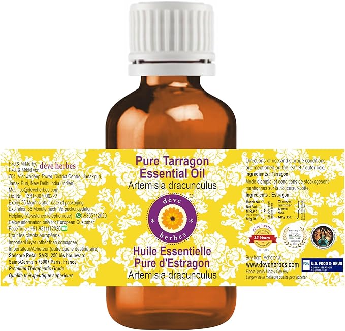 Deve Herbes Pure Tarragon Essential Oil (Artemisia Dracunculus) Steam Distilled 10ml (0.33 oz)