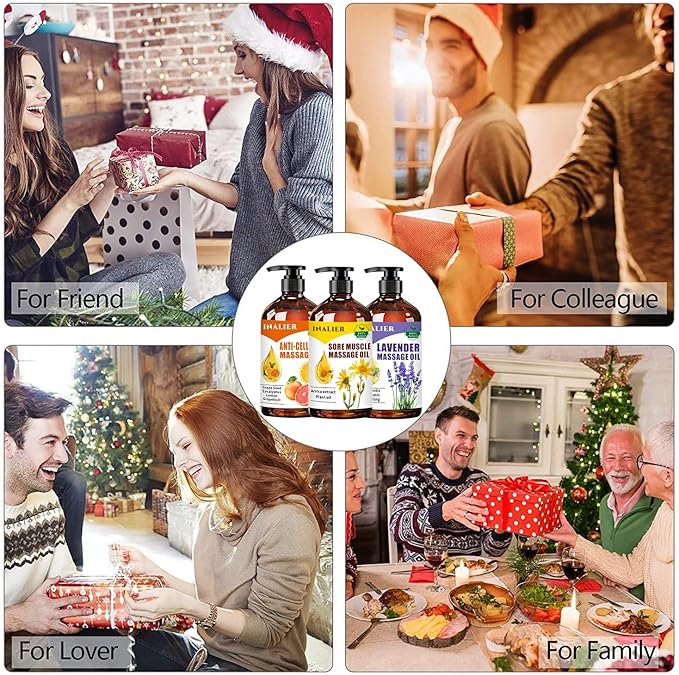 Mothers Day Gifts for Wife,Massage Oils for Massage Therapy,Fathers Day Gift,Spa Gift Set for Sore Muscle,Gifts for Her Him,3 Pack Cellulite,Sore Muscle & Lavender Massage Oils with Massage Ball