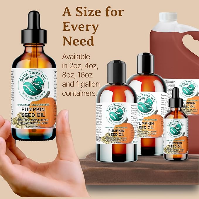 Bella Terra Oils Organic Pumpkin Seed Oil – 4 oz – 100% Pure & Cold-Pressed – Rich in Phytosterols & Magnesium – Hydrating & Nourishing for Skin & Hair – Antioxidant-Rich Beauty Oil
