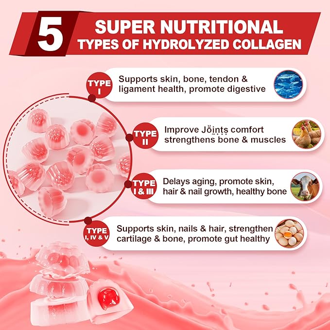 2Pack Sugar-Free Hydrolyzed Collagen Peptide Filled Gummies for Women & Men, with 1500mg Protein Type I,II,III,V,X, 5000mcg Biotin Vitamin C A E D3 B6 B12 for Immune Digestion Skin Hair Nails, Bone