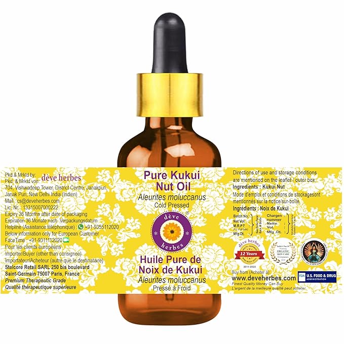 Deve Herbes Pure Kukui Nut Oil (Aleurites moluccanus) with Glass Dropper Cold Pressed (Pack of Two) 100ml X 2 (6.76 oz)