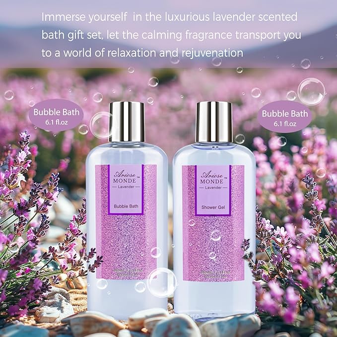 Bath Spa Basket Gift Set, Bath & Body Gift Set for Women, Lavender Scent, Includes Body Lotion, Shower Gel, Bath Salts, Bubble Bath, Bath Fizzers, Bath Oil, Birthday Bath Set Gift Idea