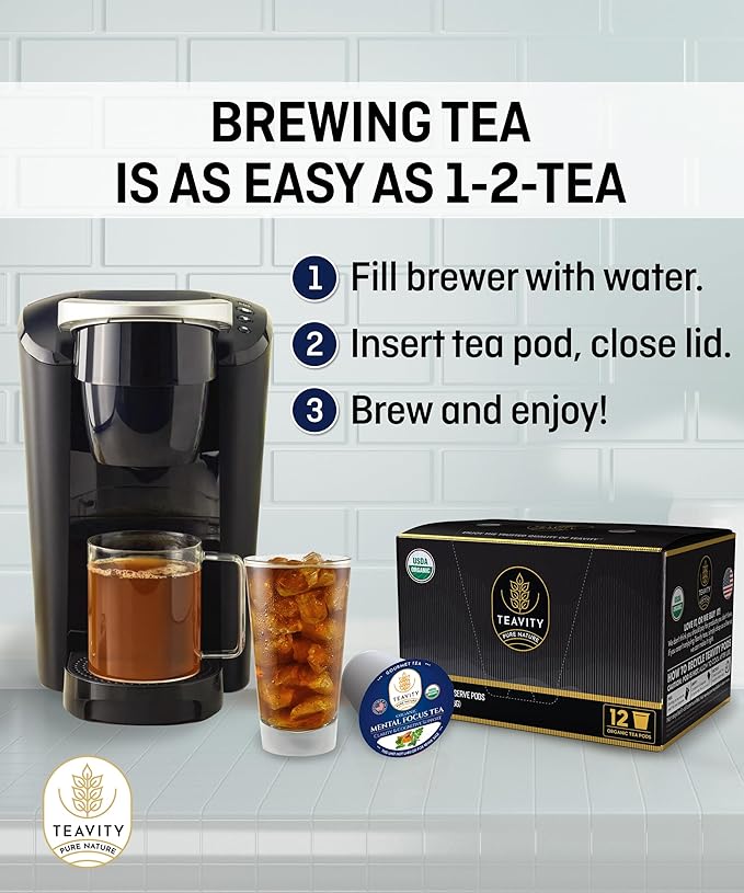 Organic Tea Pods with Moringa, Peppermint, Holy Basil & Turmeric - Naturally Decaf Tea - Mental Focus by Teavity (36 Tea Pods)