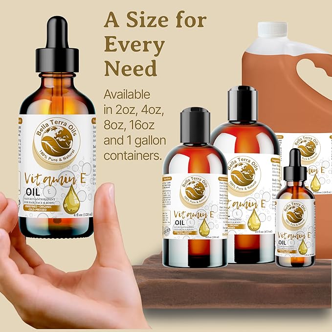 Bella Terra Oils - Organic Vitamin E Oil 16oz - Embrace the Purity of D-Alpha Tocopherol, The Strongest Form of Organic Vitamin E, Perfect Harmony with Skin's Natural Essence