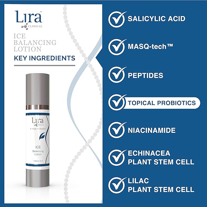 Lira Clinical ICE Balancing Lotion - Daily Oil Control Lotion & Lightweight Hydration with Skin Probiotics, Salicylic Acid & Plant Stem Cells - Hydrates Skin with Matte Finish - 1.69 fl oz