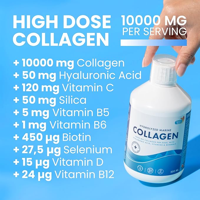 Swedish Nutra - 10,000 mg Hydrolyzed Marine Collagen Liquid Supplement - 500 ml, 20 Day Supply | Hyaluronic Acid, Biotin and Vitamin C to Support Healthy Hair, Skin, Nails and Joints | Sugar-Free
