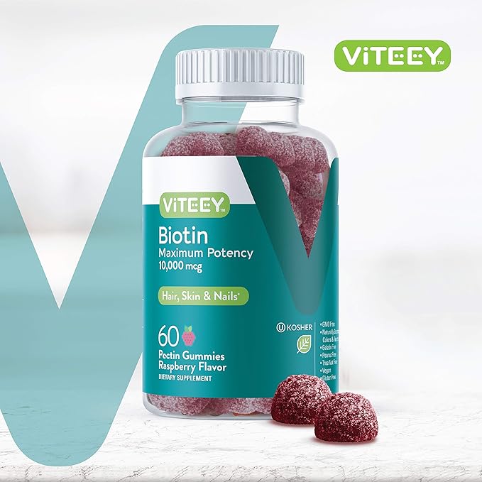 Biotin Gummies for Hair Skin Nails 10,000mcg - Hair Growth Gummies, Healthy Skin Glow, Strong Healthy Nail Growth - Vegan, Gluten Free, Gelatin Free, GMO Free - Tasty Chewable Raspberry Flavor