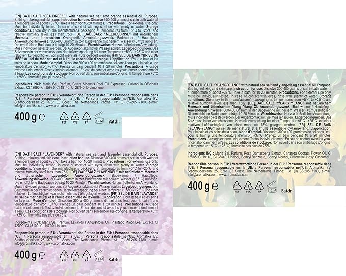 Bath Salts Set 42 Oz - Lavender - Sea Breeze - Ylang-Ylang - 100% Natural Essential Oil - Bathing - Body Care - Beauty - Relaxation - Spa