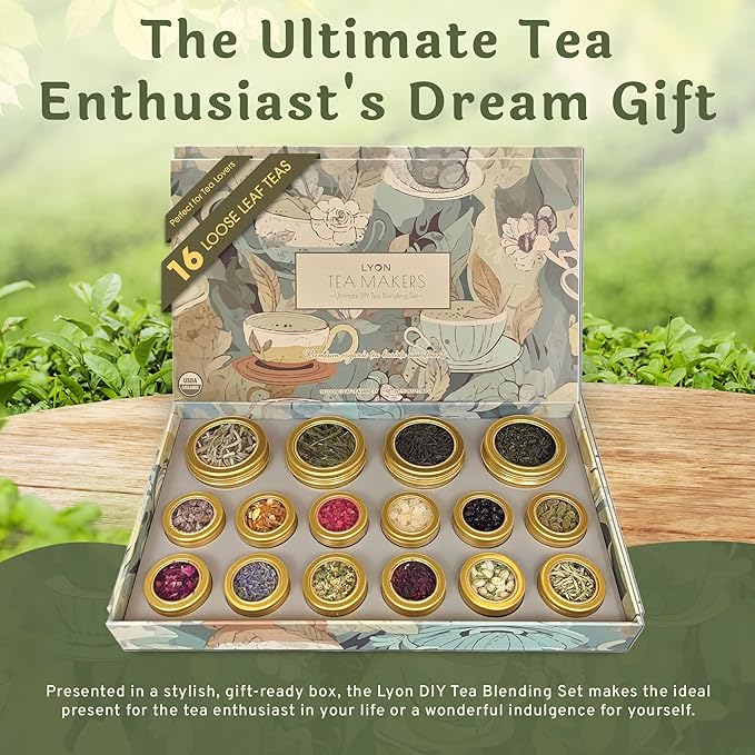 Lyon DIY Tea Blending Set-16 Tin Variety Pack-Premium Herbal Tea & Exotic Floral/Fruit Flavor Infusers - Create 75+ Cups w/Assorted Teas, Oolong, Chamomile, Rose, Peach & More