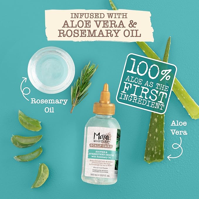 Maui Moisture Scalp Care Soothe & Strengthen Hair Serum with Rosemary Oil, Curly Hair Serum With Aloe Vera Helps Prevent Scalp Dryness & Strengthen Hair, Silicone-Free, 3.3 fl. Oz