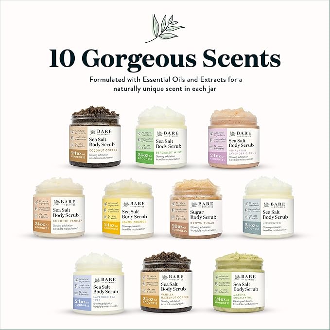 Bare Botanics Matcha Eucalyptus Body Scrub 24 oz - Naturally Scented Sea Salt Scrub Made in Madison, WI - Formulated w/Skin Loving Moisturizers - Vegan, Cruelty Free Exfoliator w/a Cute Wooden Spoon