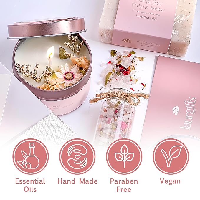 Orchid & Jasmine Spa Gift Baskets for Women – Luxury Birthday Bath Gifts for Mom, Wife, Sister, Friend - Self-Care and Relaxation Mother’s Day Gifts - Gift Baskets for Her for All Occasions