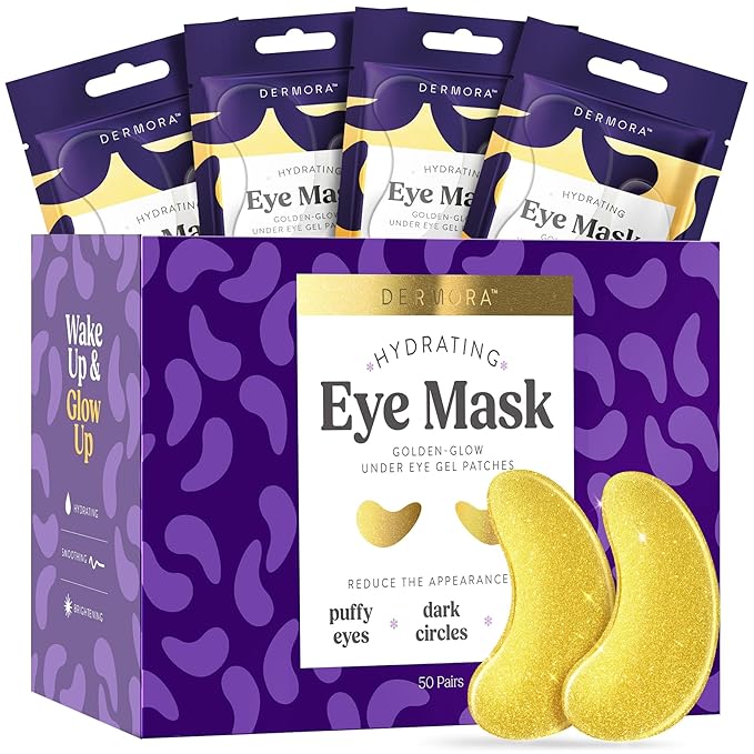 DERMORA Golden Glow Under Eye Patches (50 Pairs Eye Gels) - Rejuvenating Treatment for Dark Circles, Puffy Eyes, Refreshing, Revitalizing, Travel, Wrinkles