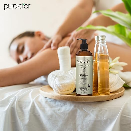 PURA D'OR 16 Oz Organic Massage Therapy Oil USDA Certified Almond, Apricot, Argan, Ginger, Jojoba, Lavender Oils for Silky & Softer Skin, Body Moisturizer & Skin Lubricant