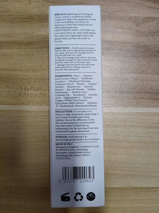 Snail Peptide Eye Cream For Moisturizing, 17 ML Snail Mucin Under Eye Cream With Niacinamide, Hyaluronic Acid For Dark Circles, Puffiness and Fine Lines.