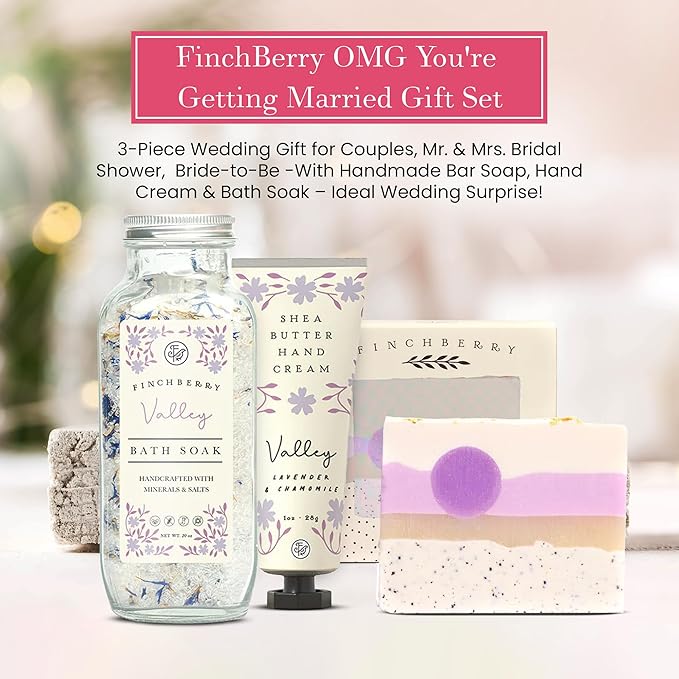 FinchBerry OMG You're Getting Married Gift Set ā 3-Piece Wedding Gift for Couples, Mr. & Mrs., Bridal Shower, Bride-to-Be ā With Luxurious Soap Bar, Hand Cream & Bath Soak ā Ideal Wedding Surprise!