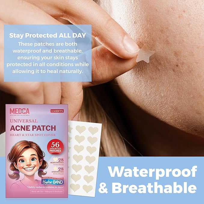 MEDca Acne Patches for Face - Hydrocolloid Bandages (56 Count) Pimple Patches for Face in Hearts & Stars, Acne Spot Treatment Care for Face & Skin Spot Patch Conceals Zits, Acne and Blackheads