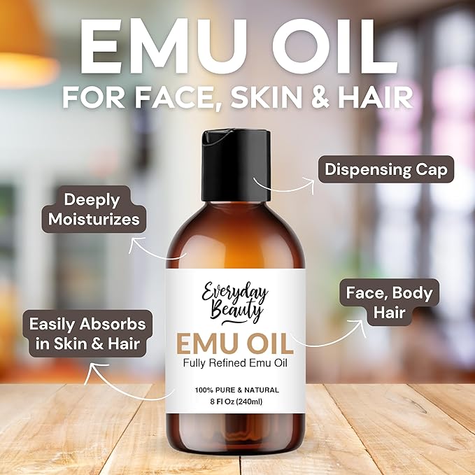 Emu Oil Bulk - 8 Fl Oz Pure & All Natural Refined Australian Emu Oil for Face, Skin and Hair - Great for Sensitive Skin and Hair Growth - For Scars and Piercings - High in Omega 3, 6 and 9 Fatty Acids