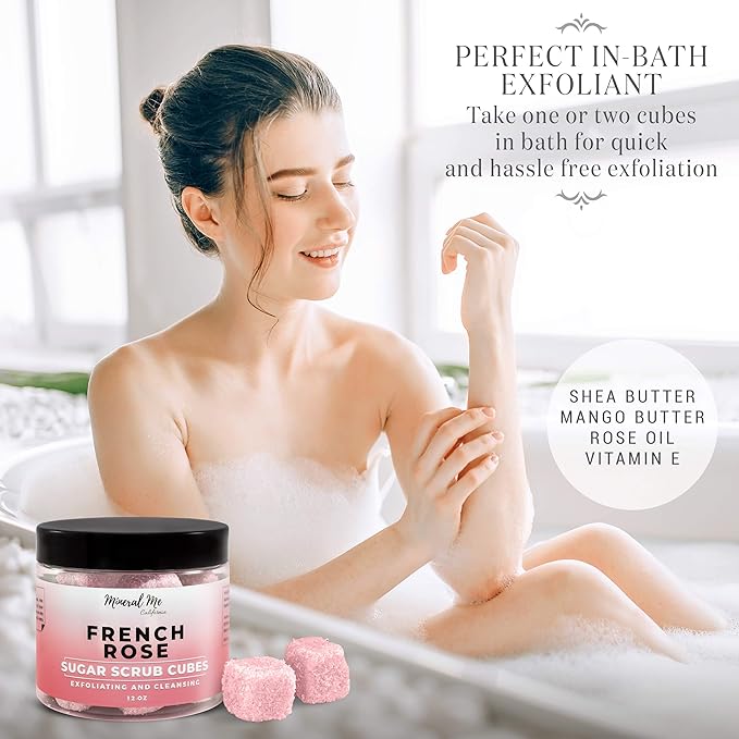 Body Scrub Exfoliator - 12oz FRENCH ROSE Sugar scrub cubes w/Mango Butter & Shea butter- Ultra Hydrating & Moisturizing - Natural & Organic for all body exfoliation- For hands, arms, legs & foot