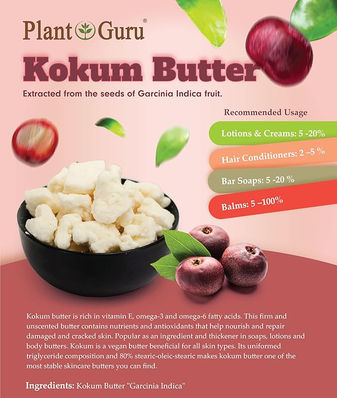 Raw Kokum Butter 2 lbs. Bar 100% Pure Natural - Great for Skin, Body and Hair Moisturizer, DIY Creams, Balms, Lotions and Soap Making.