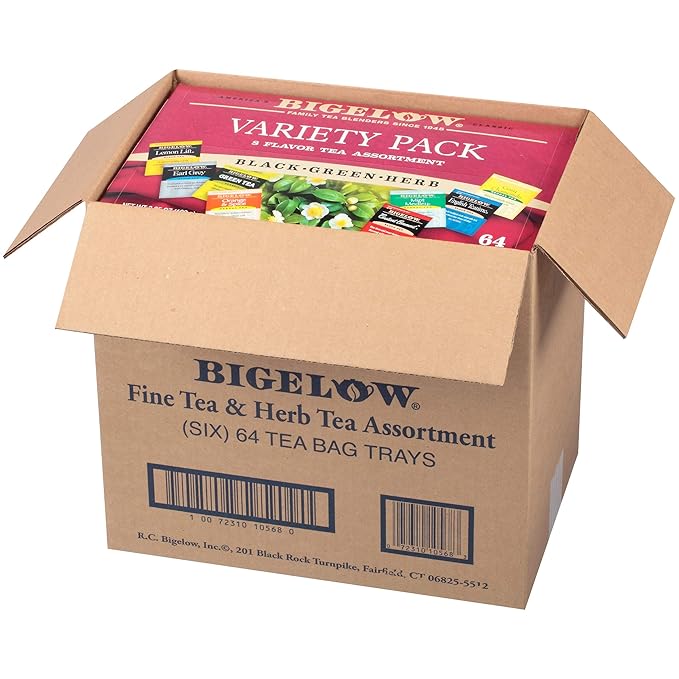 Bigelow Tea Variety Pack 8 Flavor Assortment 64-Count Boxes (Pack of 6) Caffeinated Individual Green and Black Tea Bags, for Hot Tea or Iced Tea, Drink Plain or Sweetened with Honey or Sugar