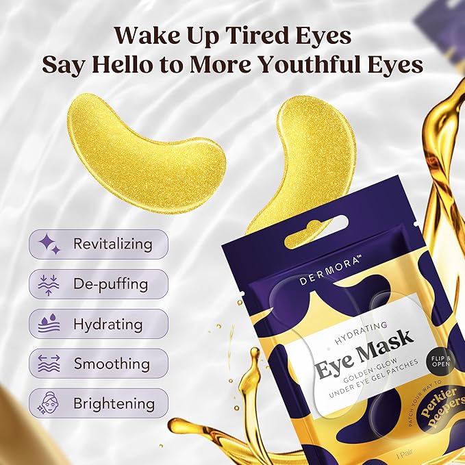 DERMORA Golden Glow Under Eye Patches (100 Pairs Eye Gels) - Rejuvenating Treatment for Dark Circles, Puffy Eyes, Refreshing, Revitalizing, Travel, Wrinkles