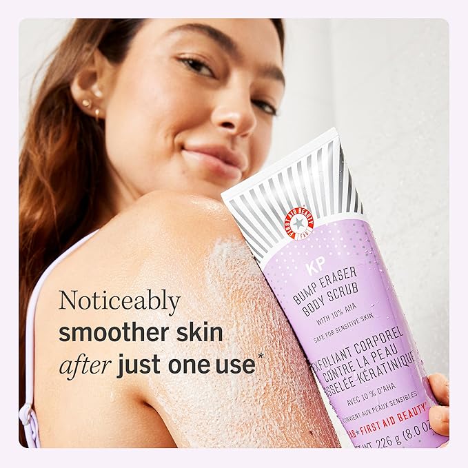 First Aid Beauty - KP Bump Eraser Body Scrub with 10% AHA, Keratosis Pilaris Skin Exfoliater with Glycolic and Lactic acids, Helps Reduce Chicken Skin Bumps, Safe for Sensitive Skin, 8 oz + Bonus, 2ct
