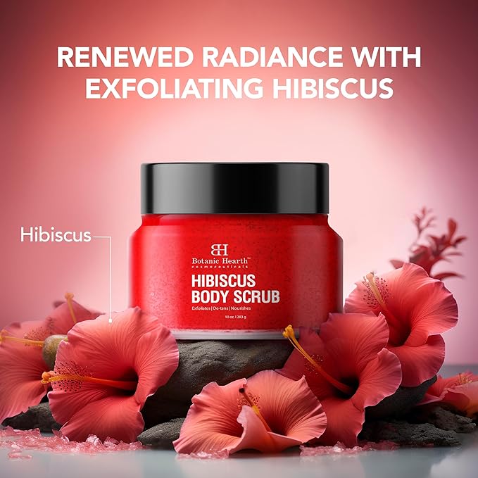 Botanic Hearth Hibiscus Body Scrub Exfoliator | Hydrating Raw Sugar Body Scrub | Natural Body Scrub for Skin Care, Stretch Marks, Acne & Cellulite, Eczema, Age Spots & Varicose Veins | 10 oz