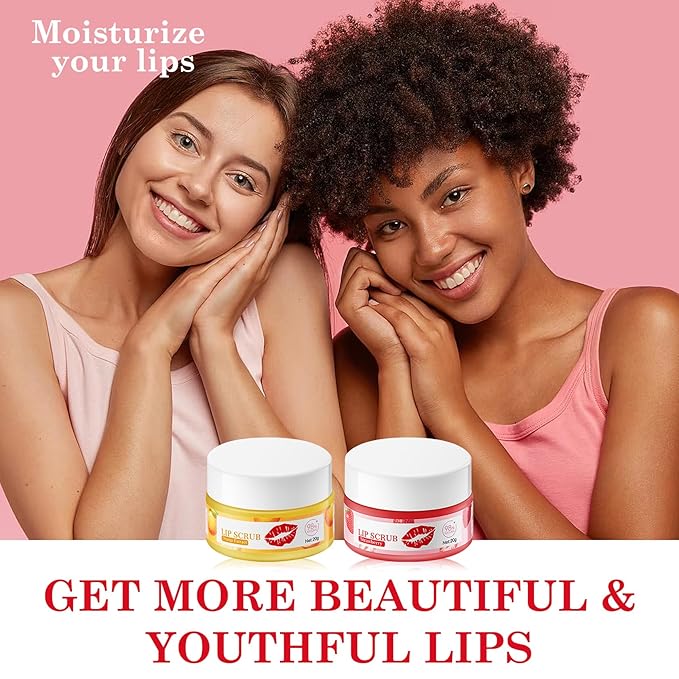 2 Pack Strawberry Orange Lip Scrub Set,Long Lasting Moisturizing Lip Scrubber Exfoliator, Cleansing Hydrating Lip Exfoliator Scrub and Moisturizer Kit for Chapped Dry Lips