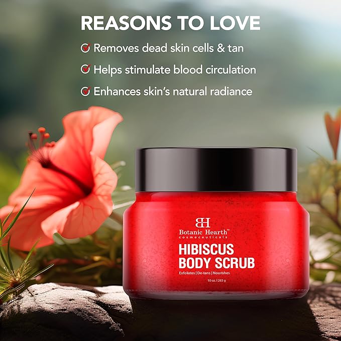Botanic Hearth Hibiscus Body Scrub Exfoliator | Hydrating Raw Sugar Body Scrub | Natural Body Scrub for Skin Care, Stretch Marks, Acne & Cellulite, Eczema, Age Spots & Varicose Veins | 10 oz