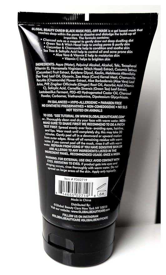 Global Beauty Care Black Peel-Off Mask – Charcoal Face Mask for Deep Cleansing, Blackhead Removal, Pore Minimizing & Skin Care for Face and Nose