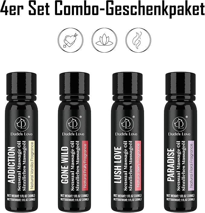 Organic-Edible Sensual Massage Oil - No Stain & Non-Sticky, Fractionated Coconut Oil | 1 Fl Oz Each-4 Fl Oz/4pc