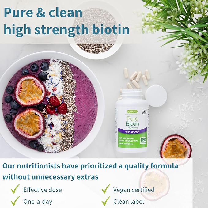 Igennus Clean Biotin 10,000mcg, Extra Strength, 180 Small Easy to Swallow Capsules, Vitamin B7, Lab Verified, No After Taste or Smell, Hypoallergenic & Vegan, 1-a-Day