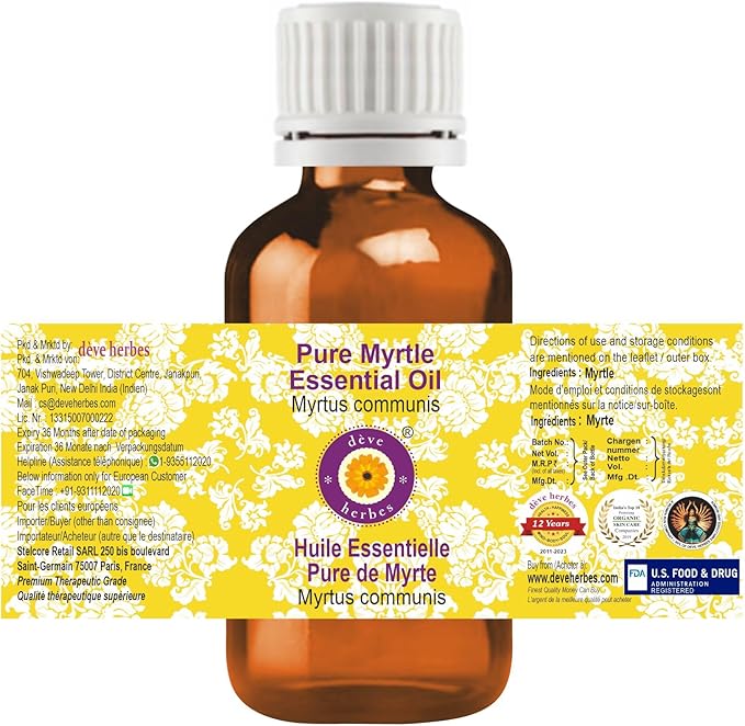 Deve Herbes Pure Myrtle Essential Oil (Myrtus communis) Steam Distilled (Pack of Two) 100ml X 2 (6.76 oz)