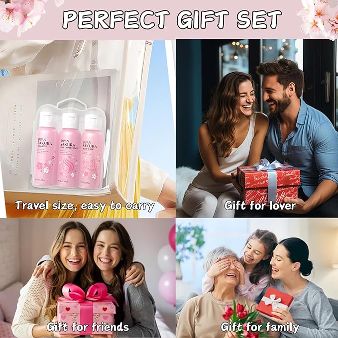 Sakura Bath Sets Teen Girls Gifts - Spa Gifts for Women - Bath Gift Set for Girls - Nourishing Gift Basket for Mom - Travel Size Toiletries for Women with Body Wash,Shampoo, Conditioner (3pcs)