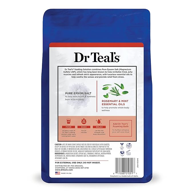 Dr Teal's Pure Epsom Salt Soak, Wellness Therapy with Rosemary & Mint, 3 lbs (Pack of 4)